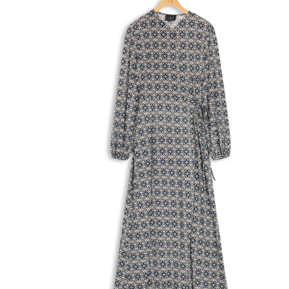 Elegant Blue Patterned Wrap Dress